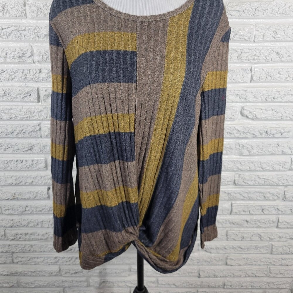 One World Live Let Live XL Blue Gold Striped Knit Pullover Sweater Knot SWE46E - Picture 4 of 9